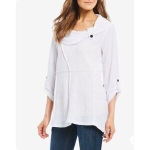 Ali Miles Top White Textured Knit Tunic Blouse Button Detail Womens Size L